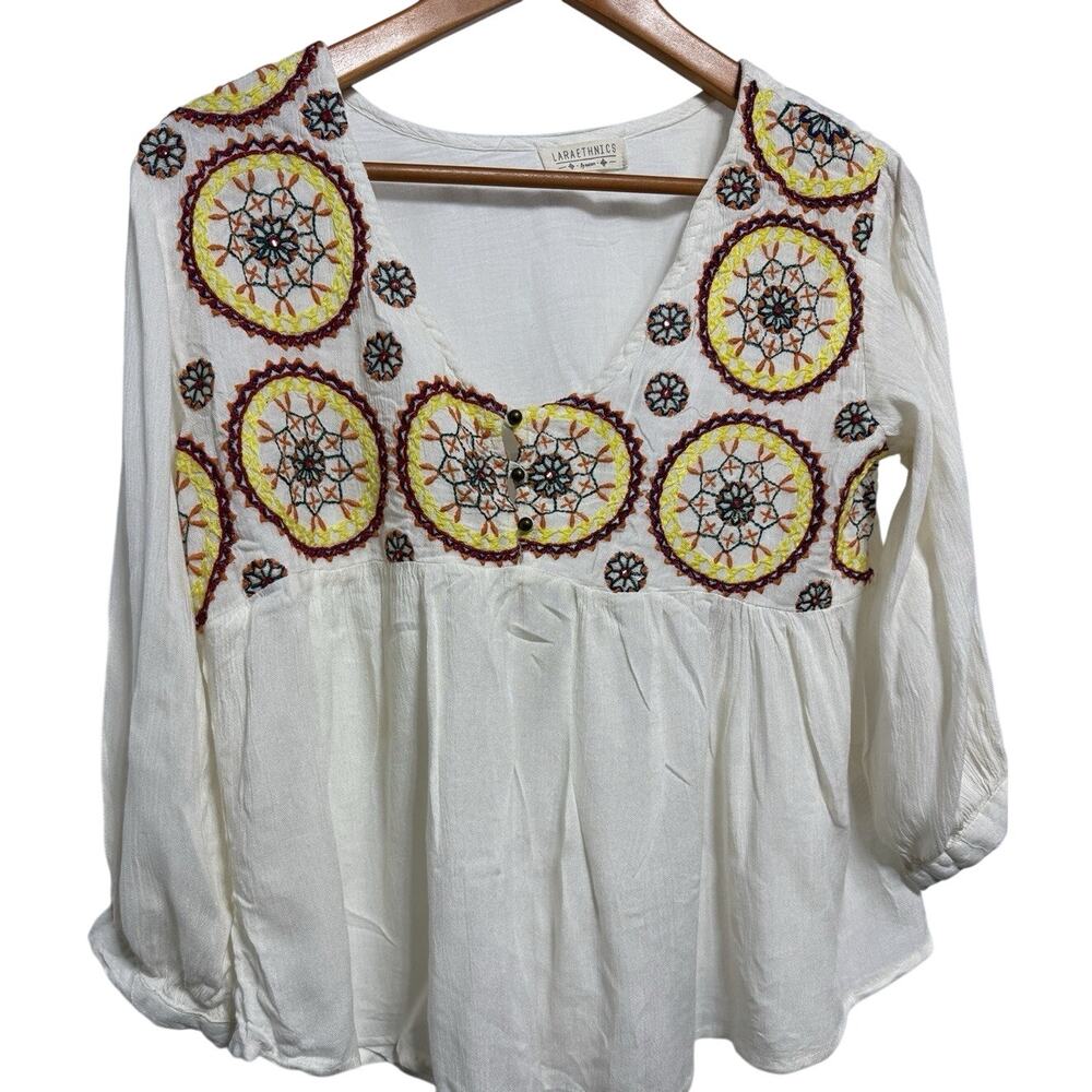 Lara Ethnics Festival Embroidered Boho Tunic Blouse Cream Yellow Sz S/M